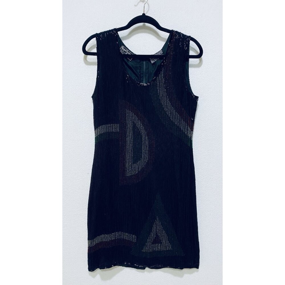 Royal Feelings Dress Womens Medium Black Beaded Geo Print Slinky Retro Holiday